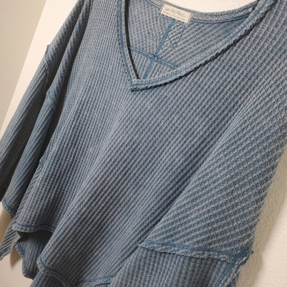 Free People We The Free Coraline Indigo Wash Blue Waffle Weave V-Neck Top XS